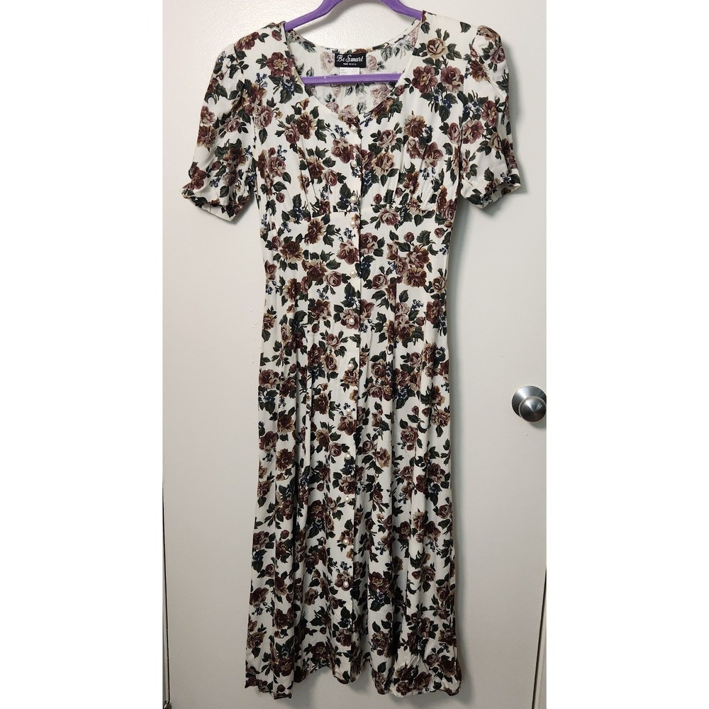 Vintage Be Smart Floral Dress Jr Size 5/6‎ Small Pearl Button Front 80s Milkmaid